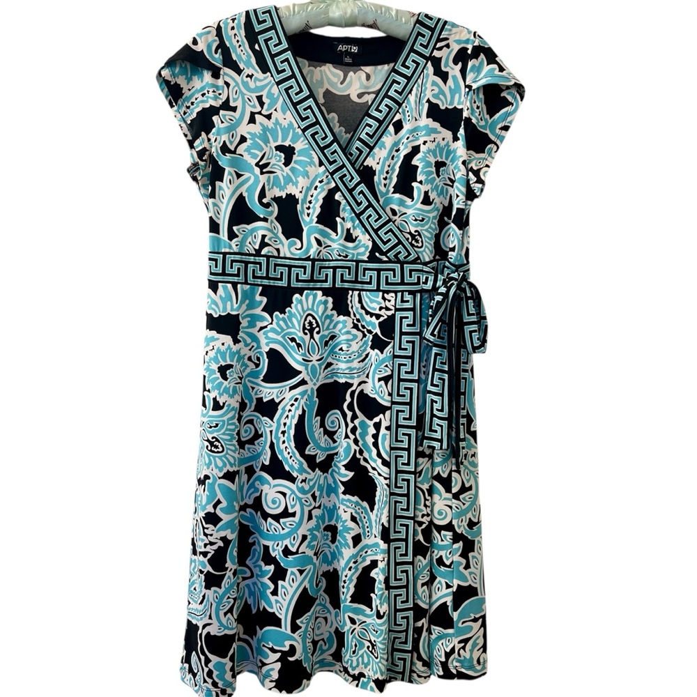 5/$20 Apt. 9 Women's Blue and Black Floral and Greek Key Patterned Dress